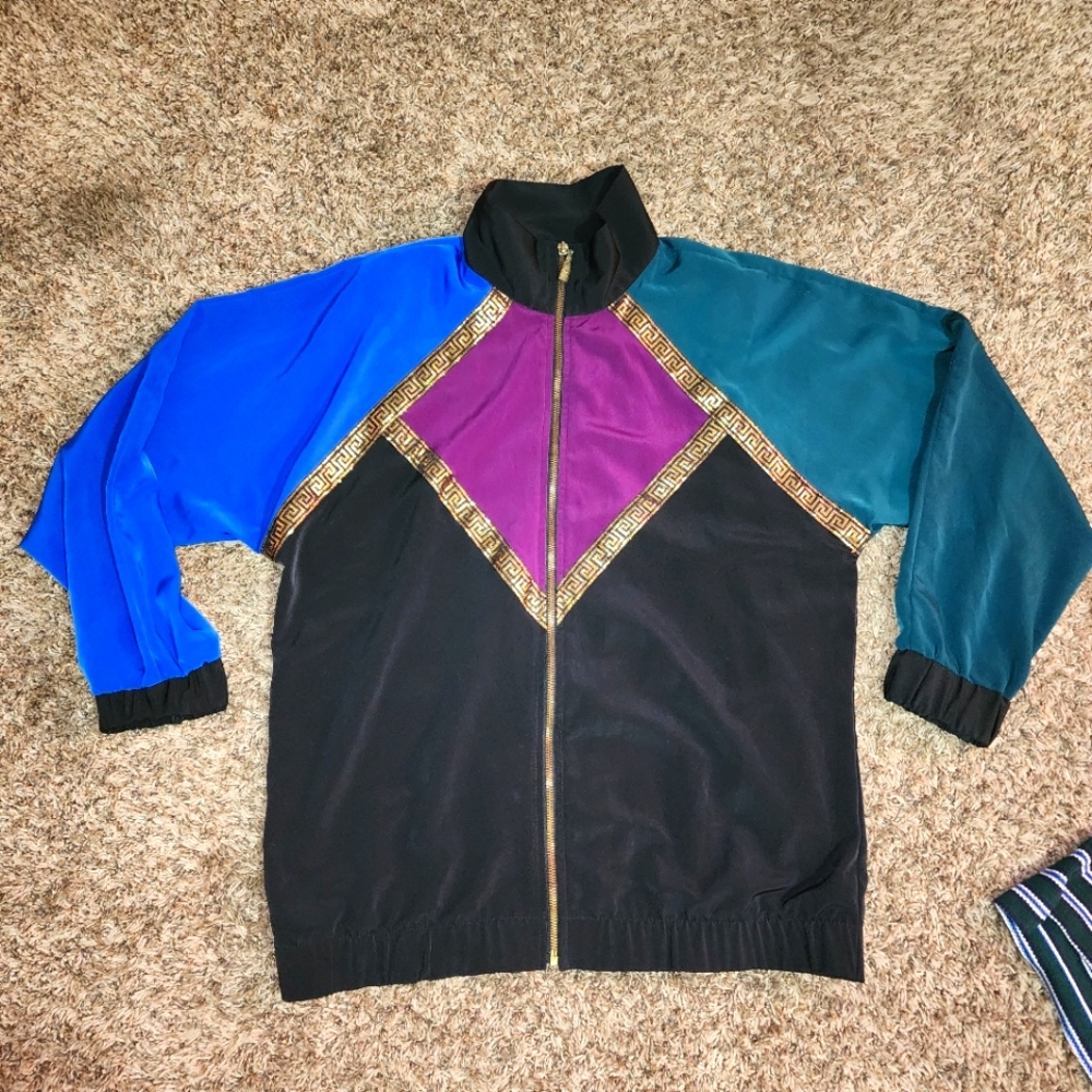 Women's 80s Silver Threads Armani Gold Foil Mulricolored Track Jacket Medium